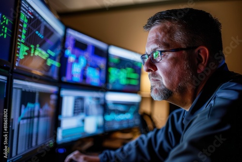 A cybersecurity expert is closely examining data displayed on multiple computer monitors in a high-tech security operations center