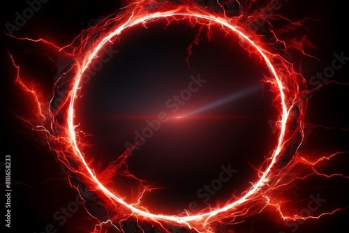 Red lightning circle on a black background, Fiery Electric Circle , Abstract Energy Background, for themes related to energy, power, abstract, and backgrounds © Nice Seven