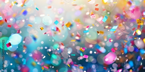 a blurry photo of a bunch of confetti on a blue background with a blurry background...