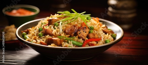 A delicious Asian dish consisting of stir fried rice combined with tender pork beautifully presented in a copy space image