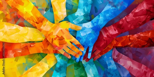 a colorful image of a group of hands reaching out to each other with a multicolored background