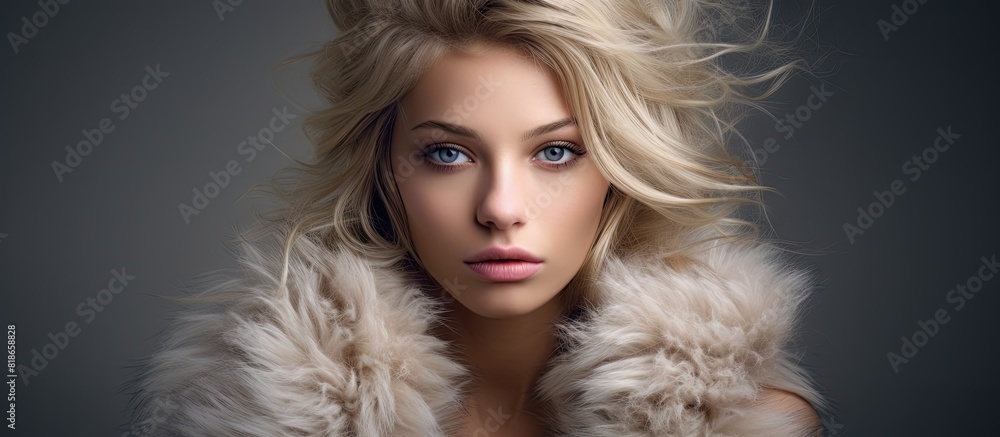 Blond female model with faux fur and tied hair posing for a copy space image on a gray background Blond female model with faux fur and tied hair posing for a copy space image on a gray background