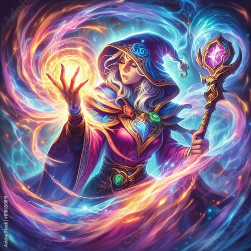 Mystical Sorcerer Conjuring Radiant Energy in a Dance of Arcane Power and Light