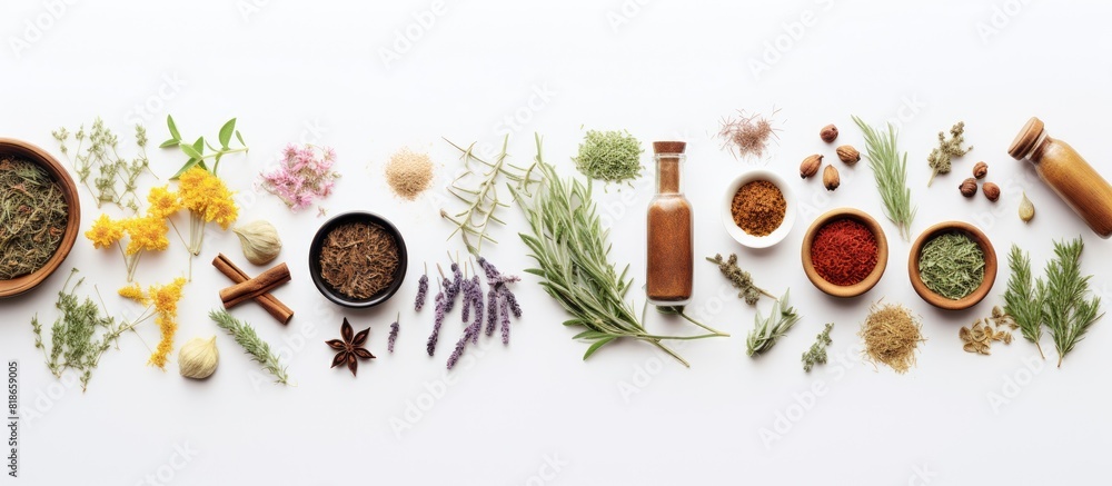A natural wellness and self care apothecary featuring herbs and medicine showcased against a white background with a top view frame for copy space image A natural wellness and self care apothecary featuring herbs and medicine showcased against a white background with a top view frame for copy space image