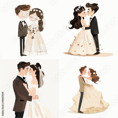 Vector ilustration of bride and groom held hands and kissed each other
