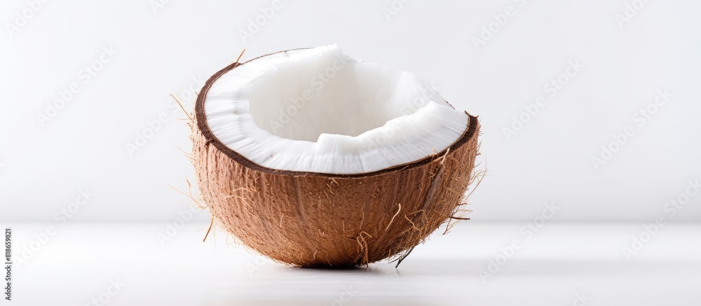 A coconut showcased on a white background offering ample space for including texts or writing A coconut showcased on a white background offering ample space for including texts or writing