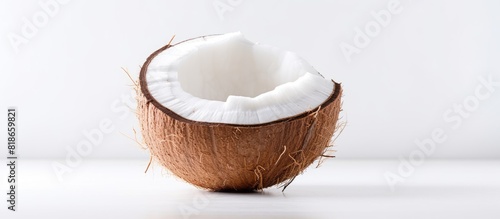 A coconut showcased on a white background offering ample space for including texts or writing