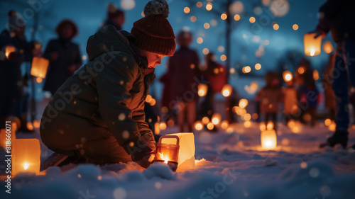 A child kneels in the snow, holding a glowing lantern during a winter lantern festival, surrounded by warm lights and people. photo