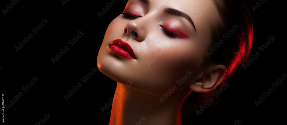 A beautiful girl with closed eyes wearing red eyeshadow and glossy lips stands out against a dark background There is copy space for the image and her skin looks clean and healthy A beautiful girl with closed eyes wearing red eyeshadow and glossy lips stands out against a dark background There is copy space for the image and her skin looks clean and healthy