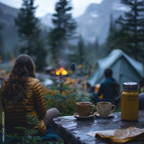 A couple enjoying nature in a tent, smiling in the forest while camping