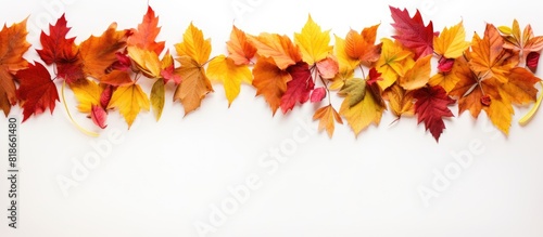 A top down view of a border frame made from vibrant autumn leaves isolated on a white background The image evokes the essence of autumn fall and Thanksgiving while showcasing the beauty of nature Per