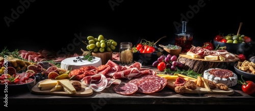 Buffet party with a table full of various Italian appetizers including antipasti charcuterie snacks and cheese Copy space image photo