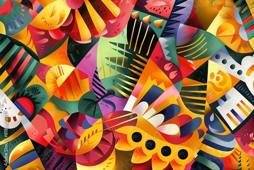 Cumbia vibrant, rhythmic collage of shapes and colors representing the festive and celebratory nature of cumbia music, with abstract accordions and maracas