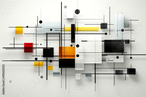 Elegant abstract artwork featuring mix of red, yellow, black, and white geometric shapes on soft grey background