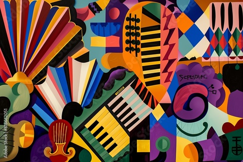 Cumbia vibrant, rhythmic collage of shapes and colors representing the festive and celebratory nature of cumbia music, with abstract accordions and maracas
