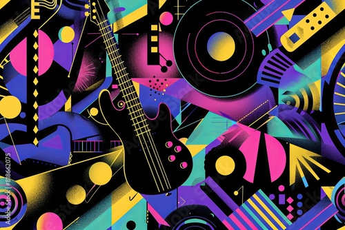 Bold  geometric patterns with metallic and neon colors representing the groovy essence of funky music  with abstract bass guitars and vinyl records.