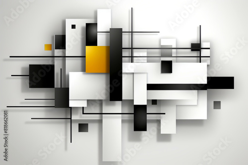 Elegant abstract artwork featuring mix of red, yellow, black, and white geometric shapes on soft grey background