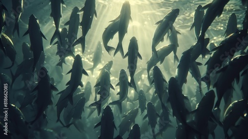 Vivid close up underwater photo high quality image capturing a school of sardines in bright light