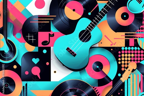 Bold  geometric patterns with metallic and neon colors representing the groovy essence of funky music  with abstract bass guitars and vinyl records.