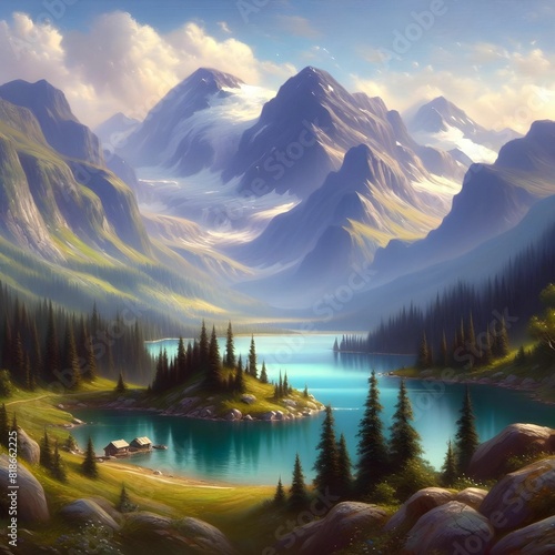 Serene, mountainous landscape, featuring a crystal-clear lake, oil painting