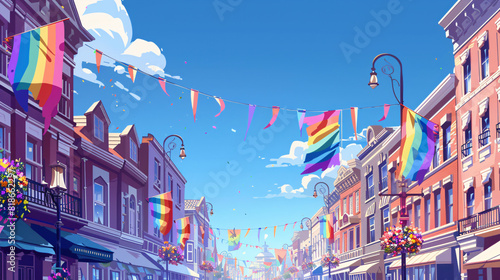 A cityscape adorned with LGBTQ+ pride flags hanging from buildings and lampposts, showcasing community support and inclusivity photo