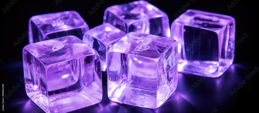 Isolated on a black background there is a copy space image of transparent ice cubes illuminated by a soft purple light