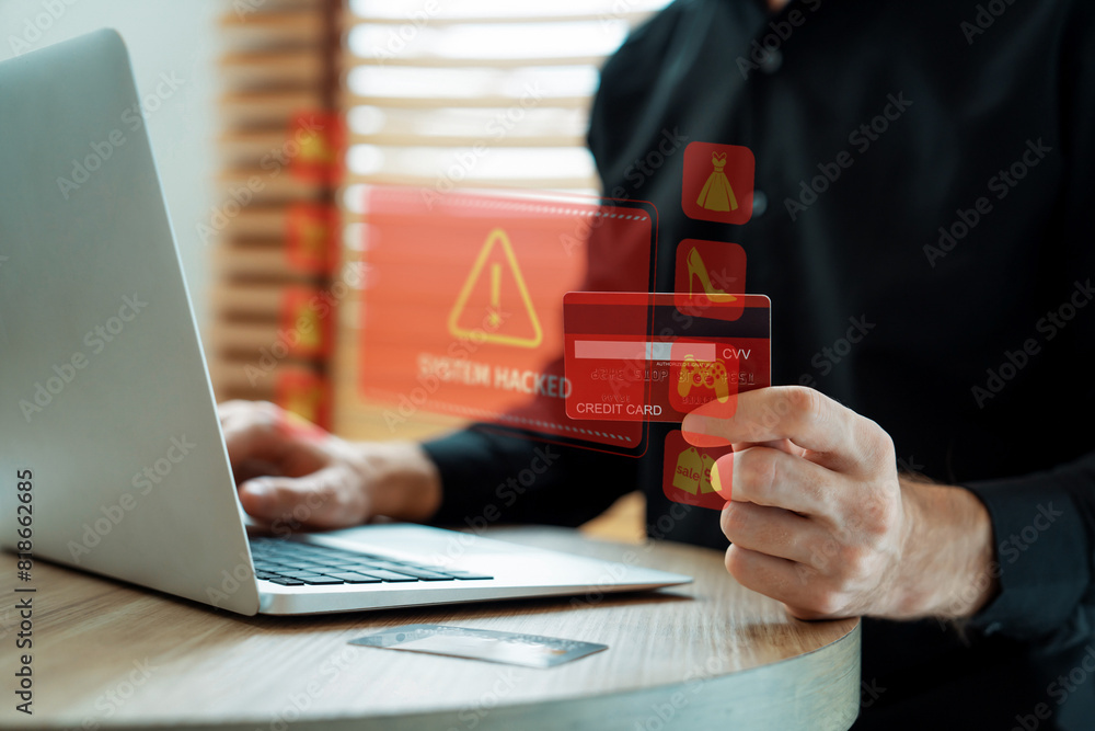Customer watching hologram interface warn danger of credit card hacked ... - My Credit Card Has Been Hacked Online