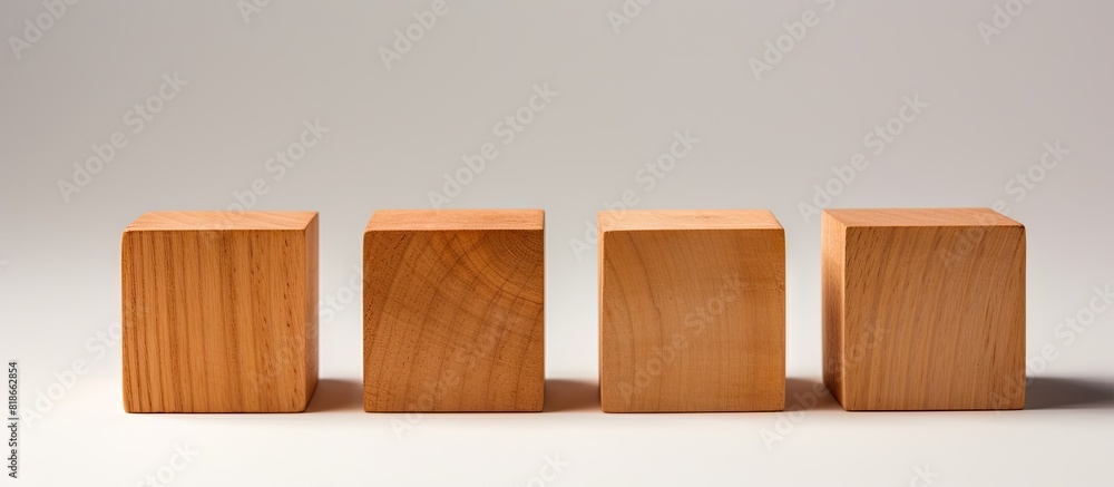 Four identical wooden cubes are arranged on a white background positioned both in a row and individually with some cubes placed directly and others at an angle There is ample space for text to be add Four identical wooden cubes are arranged on a white background positioned both in a row and individually with some cubes placed directly and others at an angle There is ample space for text to be add