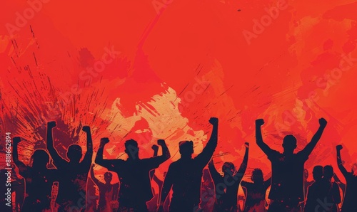 silhouette of people cheering against a red background with graffiti style elements