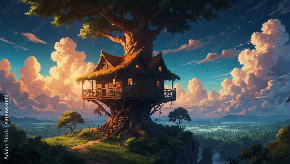 A digital painting of a treehouse in the sky. The treehouse is surrounded by clouds and there is a city in the distance. The sky is a gradient of orange and blue.

