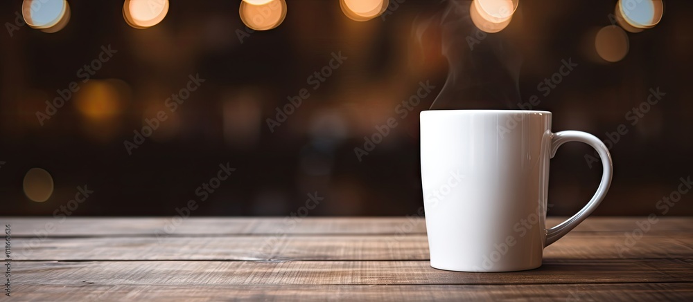 A close up image of a coffee mug is featured on a wooden table providing a copy space for additional content A close up image of a coffee mug is featured on a wooden table providing a copy space for additional content