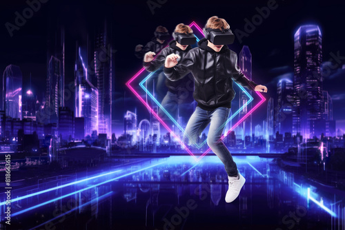Happy boy wearing VR glasses enjoy playing virtual reality game and jumping to smart modern future city tower and skyscraper