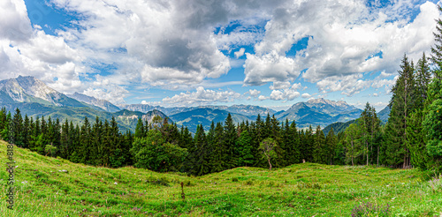 Berchtesgadener Land landscape with sky and clouds. The Watzmann massif seen from the Jenner mountain. panoramic view. Berchtesgadener Alps, Bavaria, Germany, Europe photo