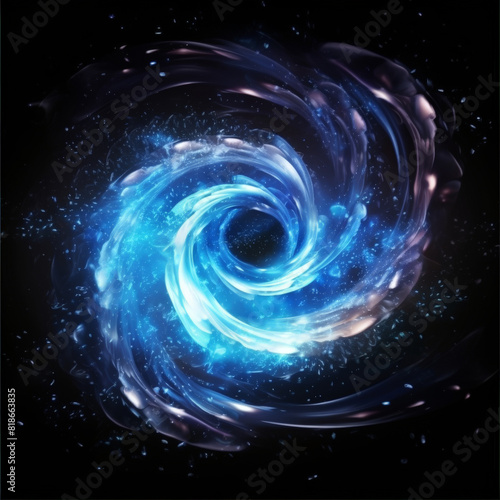  blue spiral galaxy on black background, swirling blue light and white glittery swirls. Blue spiral water effect