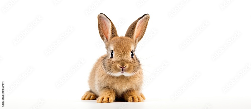 An adorable young bunny is seen sitting on a crisp white background making for a cute Easter and newborn celebration image The bunny appears to be only one month old. with copy space image