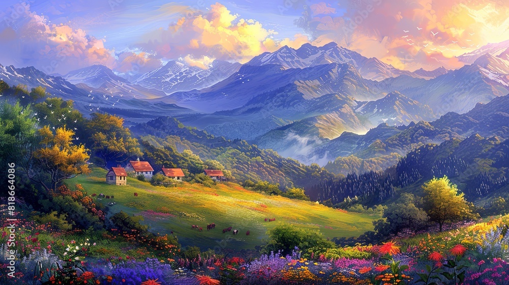Vibrant illustration of a picturesque mountain valley with colorful wildflowers, lush trees, small houses