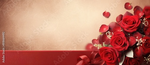 A festive Valentine s Day celebration with a red greeting card adorned with flowers a satin ribbon and a textured background that provides ample copy space for text
