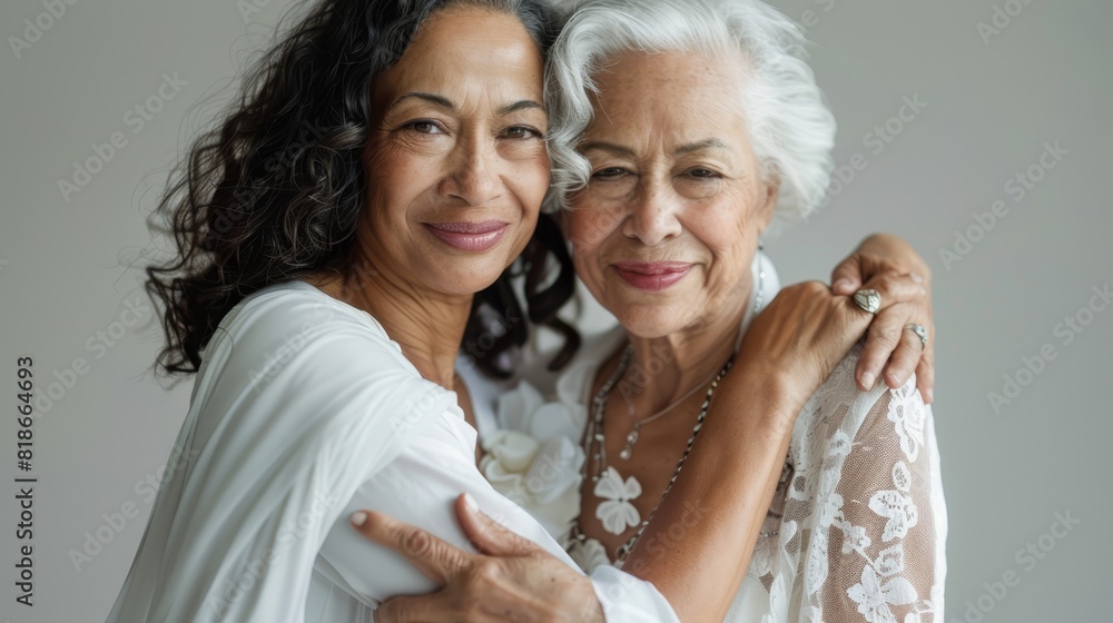 Portrait of an elderly woman and her middle-aged daughter in white clothing, exuding love and family bond. Portrait of an elderly woman and her middle-aged daughter in white clothing, exuding love and family bond.