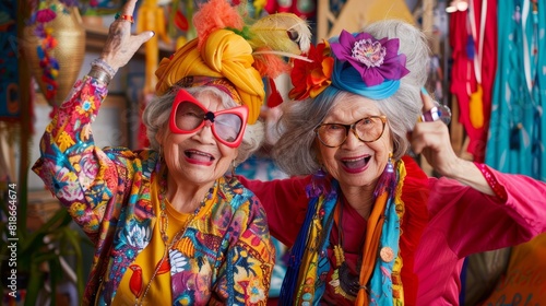 Two elderly friends laughing and wearing colorful clothing and sunglasses, radiating joy and friendship. Ideal for themes of senior lifestyle, joyful living
