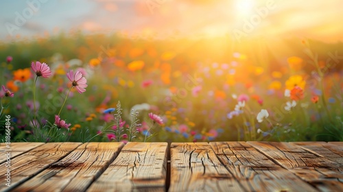 Wooden deck overlooking a vibrant wildflower meadow at sunrise, ideal for nature and tranquil themes.