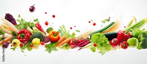 A long format copy space image featuring fresh vegetables falling into a shopping basket on a white background