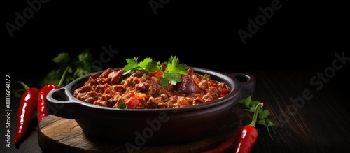 Copy space image of a homemade Chili con carne dish presented on a wooden board against a backdrop of black slate stone