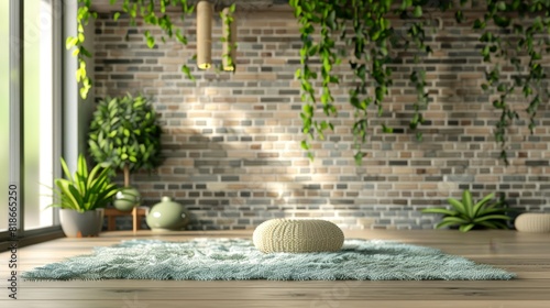 Minimalistic meditation space with brick wall and hanging greenery  perfect for wellness and interior design.