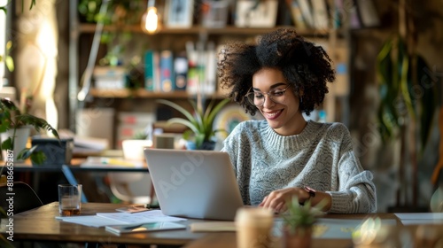 Smiling woman working on a laptop surrounded by green plants, ideal for themes of productivity, remote work, and a green workspace.