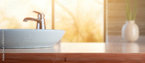 A bathroom background with a table top in front creating a blur effect copy space image