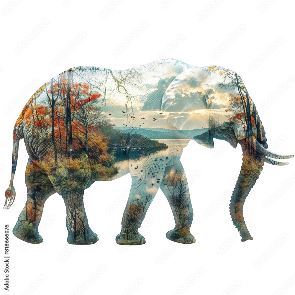 An elephant is shown in a painting of a forest An elephant is shown in a painting of a forest