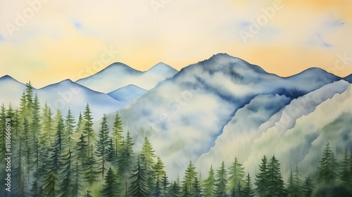 Watercolor landscape of pine trees on mountains with a soft mist