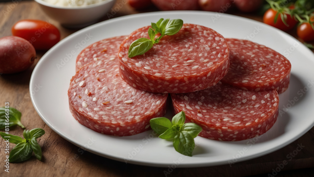 Beautiful and appetizing salami pieces on a white plate Beautiful and appetizing salami pieces on a white plate