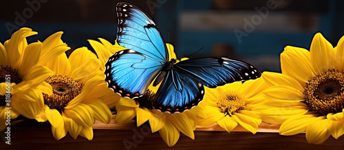A colorful morpho butterfly perches gracefully on a sunflower petal providing a captivating copy space image photo