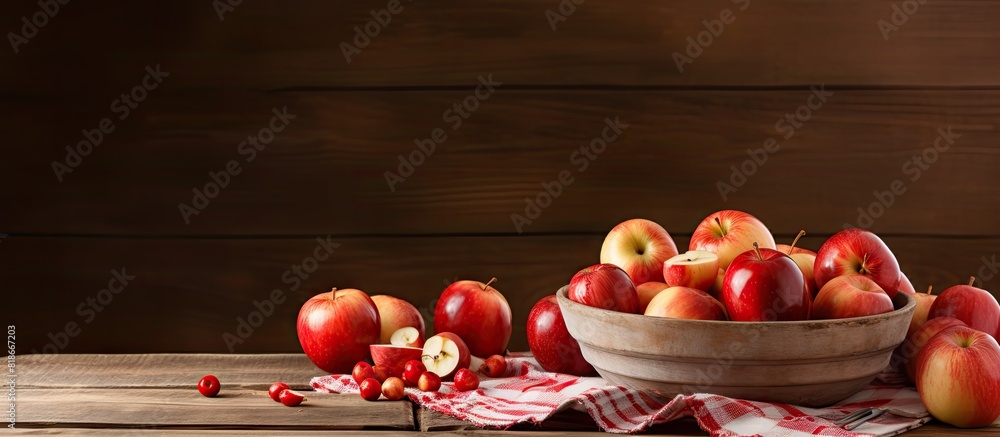 Ingredients for the pie sliced red apples peel broken eggs in a plate and whisk on a wooden table The background showcases fresh ripe fruit providing a copy space image for text Ingredients for the pie sliced red apples peel broken eggs in a plate and whisk on a wooden table The background showcases fresh ripe fruit providing a copy space image for text